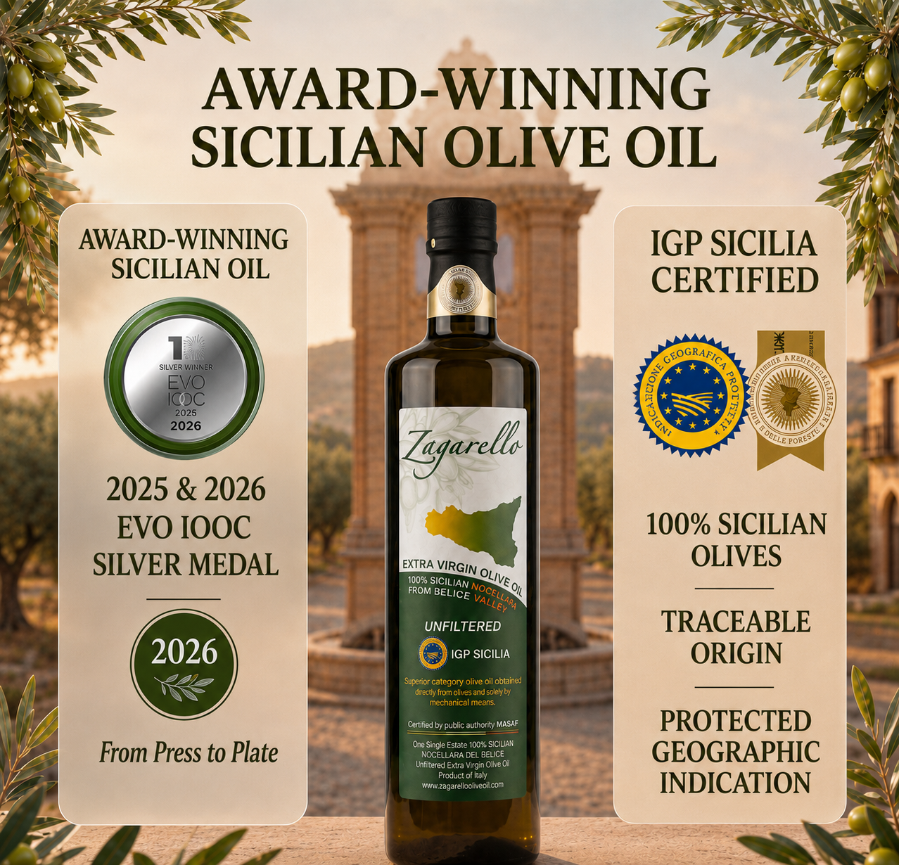 Zagarello 100% Traceable Italian Olive Oil Extra Virgin, Unfiltered, Pure, IGP Certified (2025) EVO-IOOC WINNER 2025 + 2026